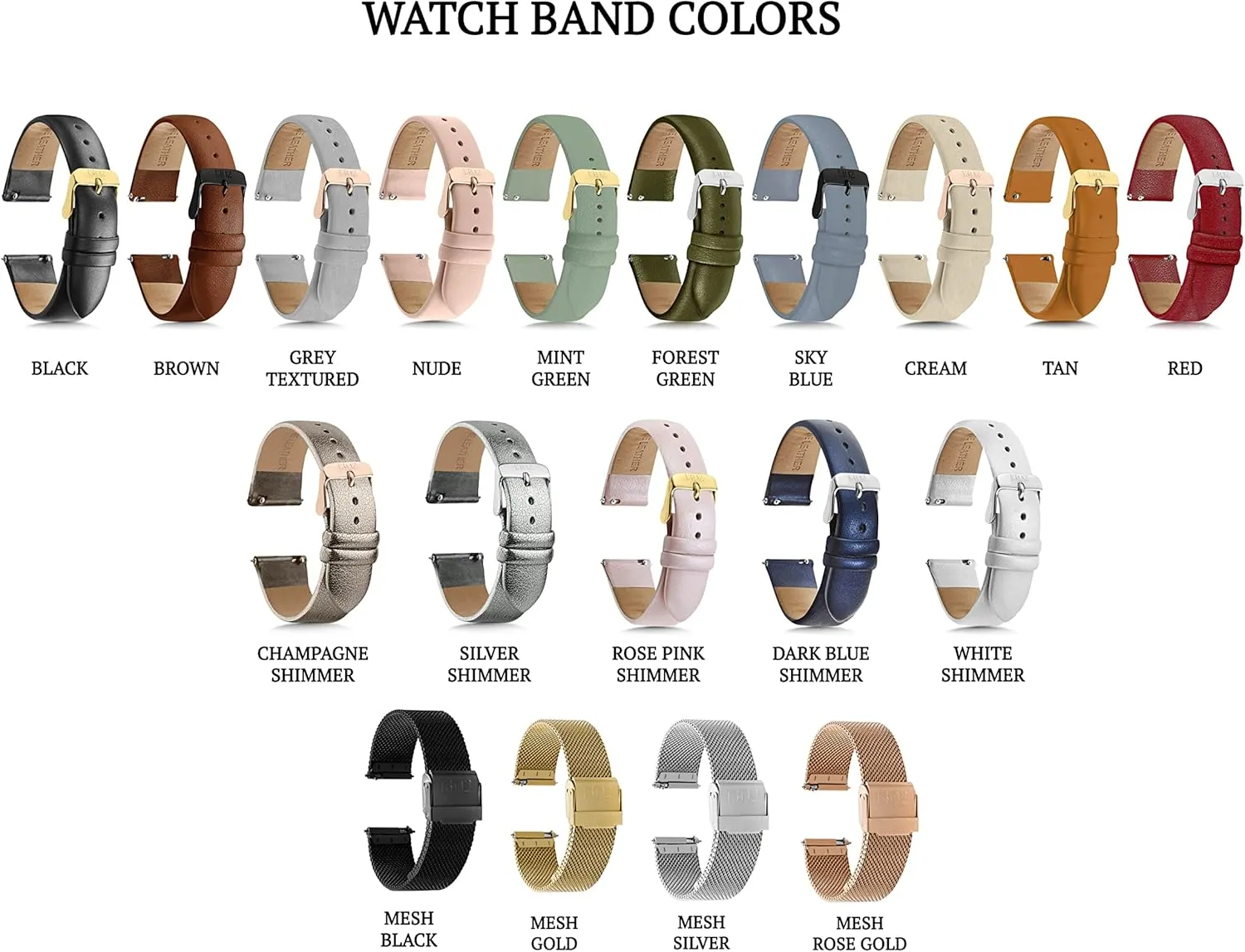Black Leather Watch Band - Quick Release 18mm, 20mm, 22mm Easy Interchangeable Strap