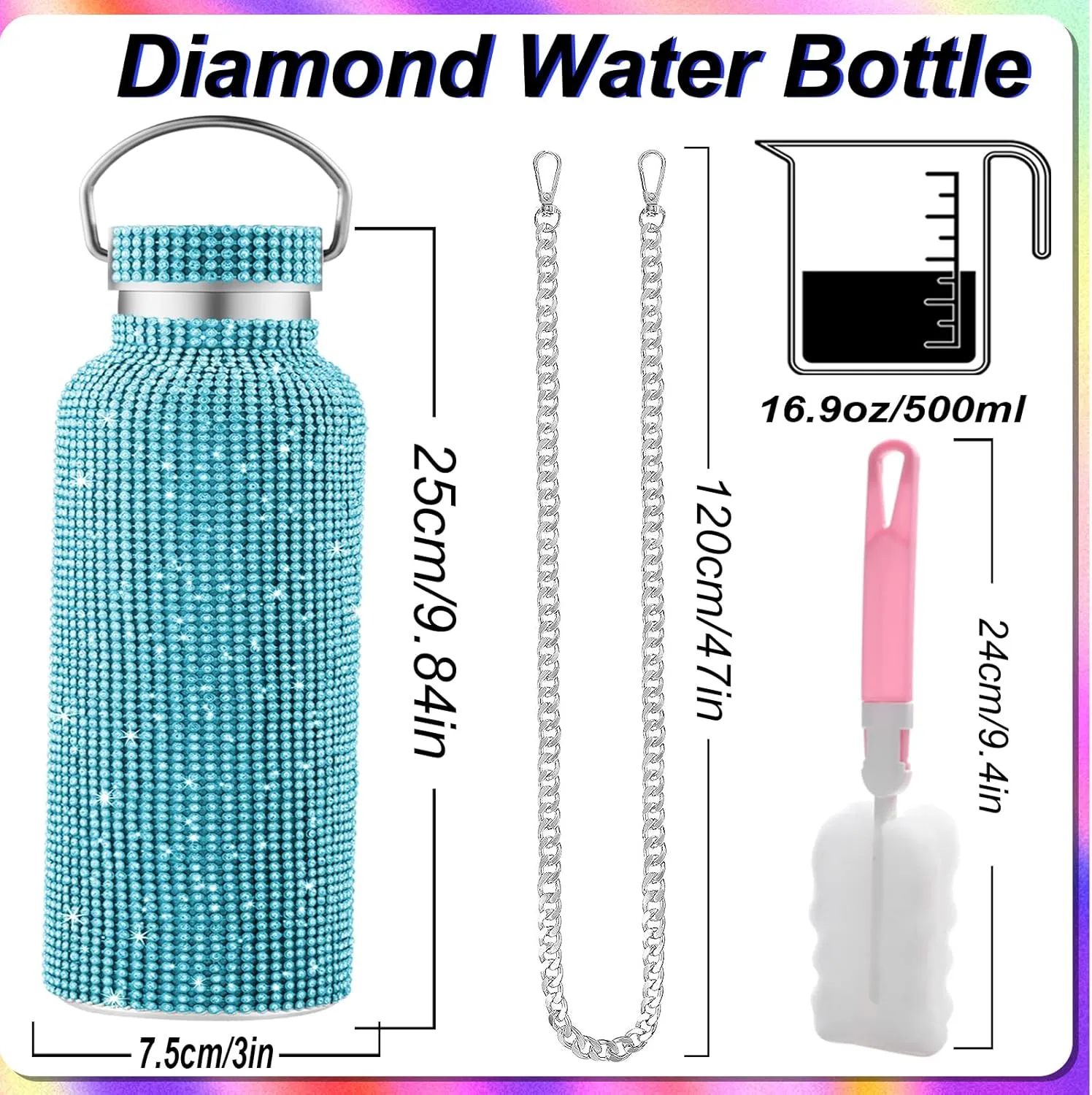 Bling Water Bottle With Rhinestones - Diamond Stainless Steel Thermal Cup for Women Girls - Glitter Tumbler With 2 Style Lids and 55in Chain (Blue)