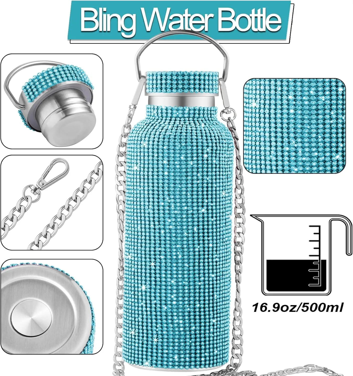 Bling Water Bottle With Rhinestones - Diamond Stainless Steel Thermal Cup for Women Girls - Glitter Tumbler With 2 Style Lids and 55in Chain (Blue)