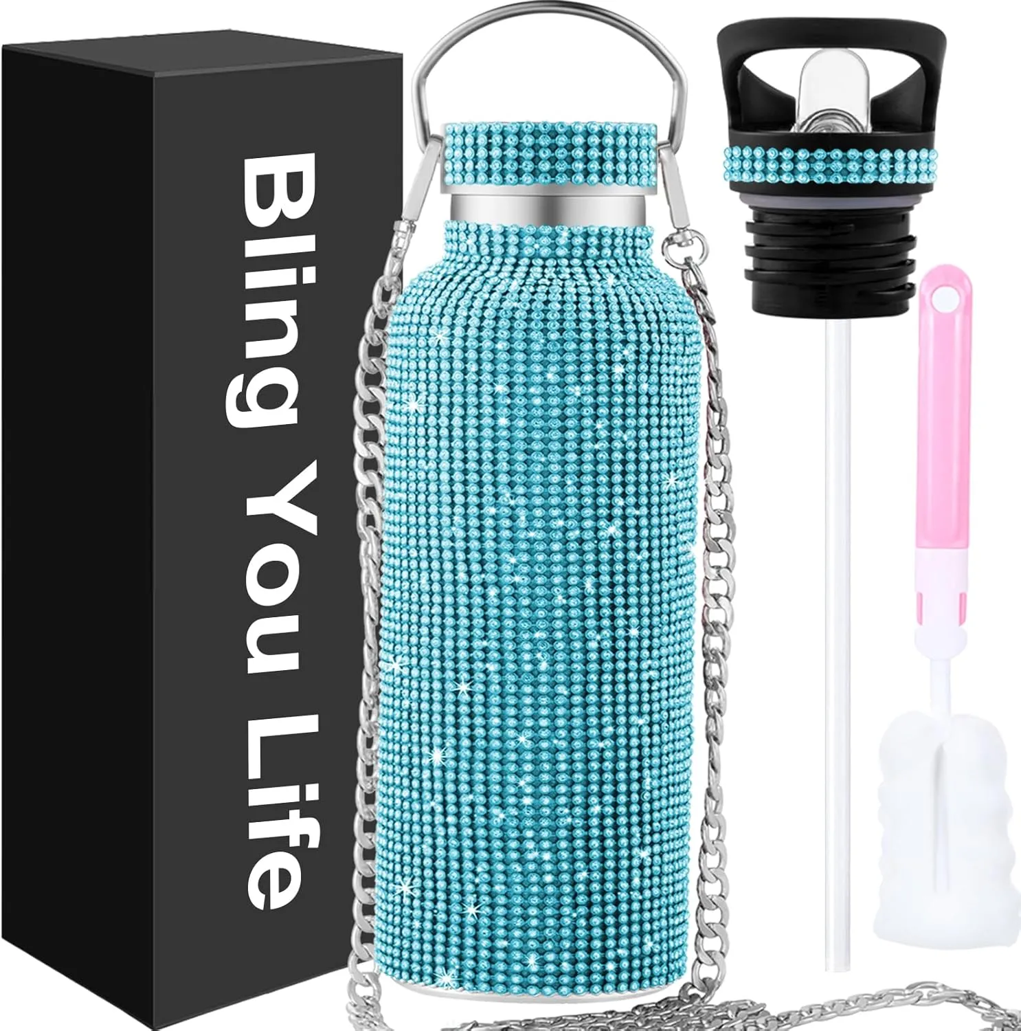 Bling Water Bottle With Rhinestones - Diamond Stainless Steel Thermal Cup for Women Girls - Glitter Tumbler With 2 Style Lids and 55in Chain (Blue)
