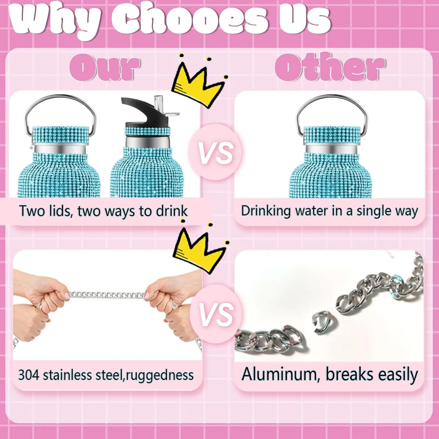 Bling Water Bottle With Rhinestones - Diamond Stainless Steel Thermal Cup for Women Girls - Glitter Tumbler With 2 Style Lids and 55in Chain (Blue)