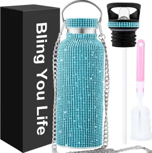 Bling Water Bottle With Rhinestones - Diamond Stainless Steel Thermal Cup for Women Girls - Glitter Tumbler With 2 Style Lids and 55in Chain (Blue)