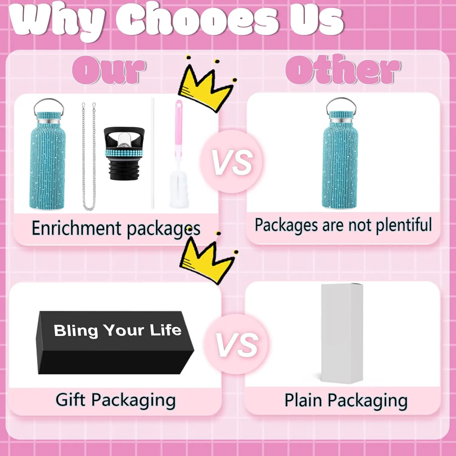 Bling Water Bottle With Rhinestones - Diamond Stainless Steel Thermal Cup for Women Girls - Glitter Tumbler With 2 Style Lids and 55in Chain (Blue)