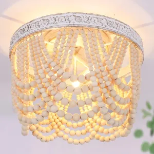 Capslpad Bohemia Wood Beaded Flush Mount Ceiling Light Antique Boho Mini Chandelier Farmhouse Light Fixture for Bedroom Nursery Room Hallway Entryway Foyer,3-Light