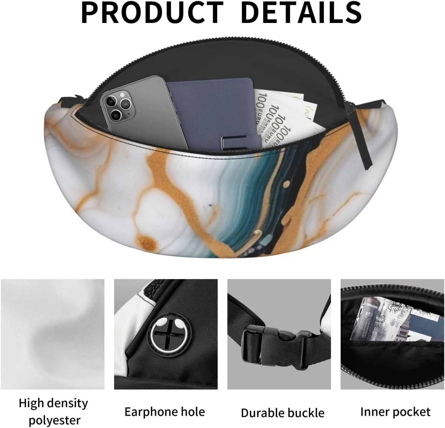 Casual Abstract Marble Stone Printed Fanny Pack,Crossbody Fanny packs for women Men Waist Bag for Running Travel