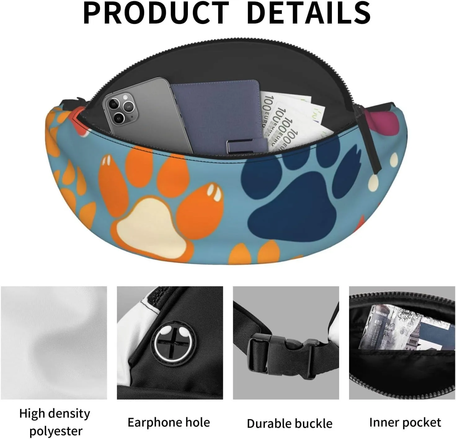 Casual Bear paw Printed Fanny Pack,Crossbody Fanny packs for women Men Waist Bag for Running Travel