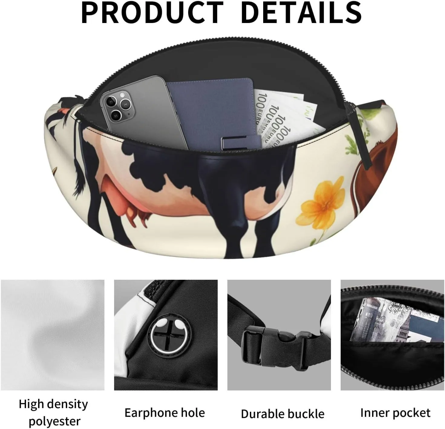 Casual Cute Little Cow Calf Pattern Printed Fanny Pack,Crossbody Fanny packs for women Men Waist Bag for Running Travel