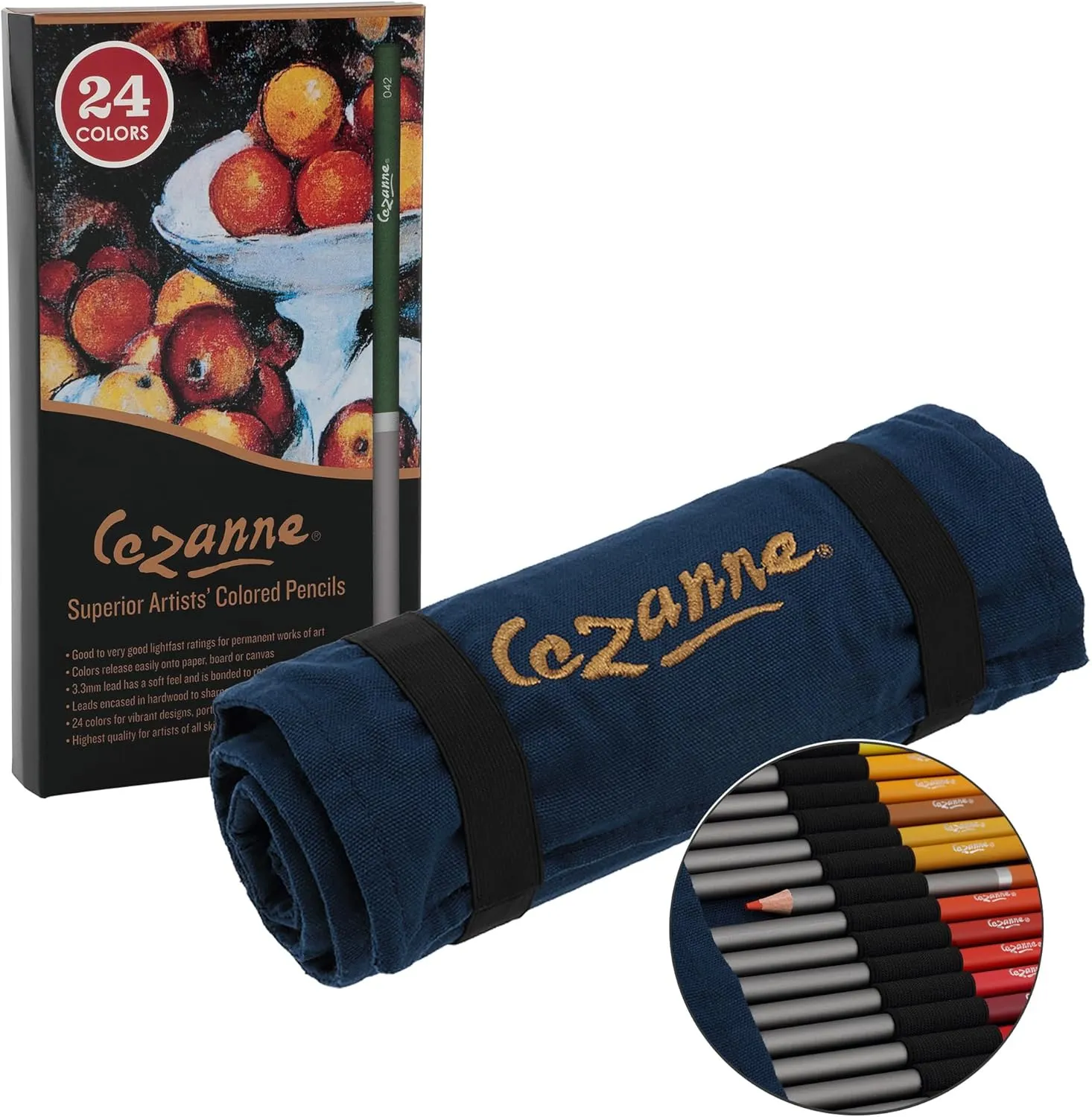 Cezanne Set of 24 Professional Colored Pencils with Canvas Roll-Up Case - Premium, High Pigment Colored Pencils, 3.3mm Diameter Lead and Storage Case with Zipper Pouch - Can Hold up to 48 Pencils