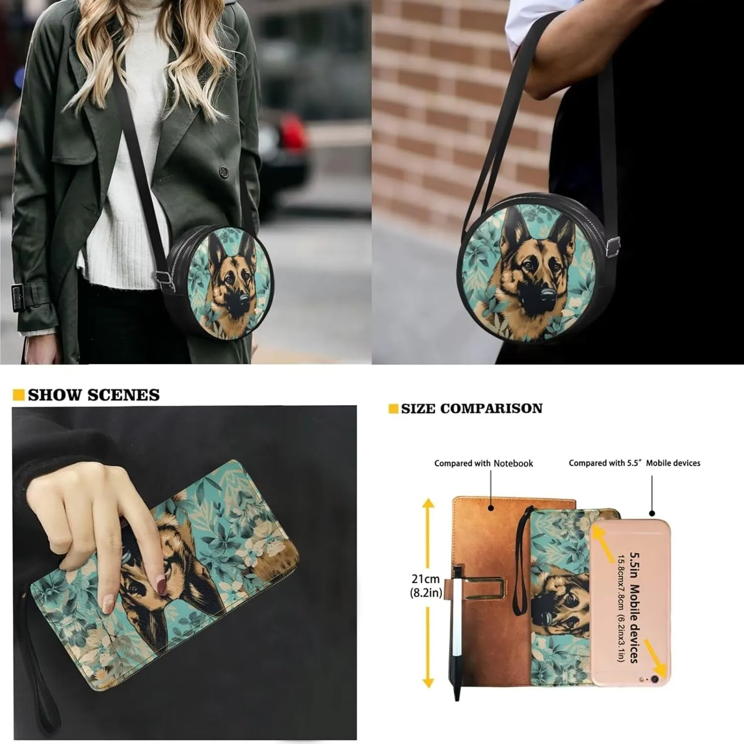 Circle Purse Set for Women Girls, PU Round Crossbody Bag with PU Wallet for Party Work