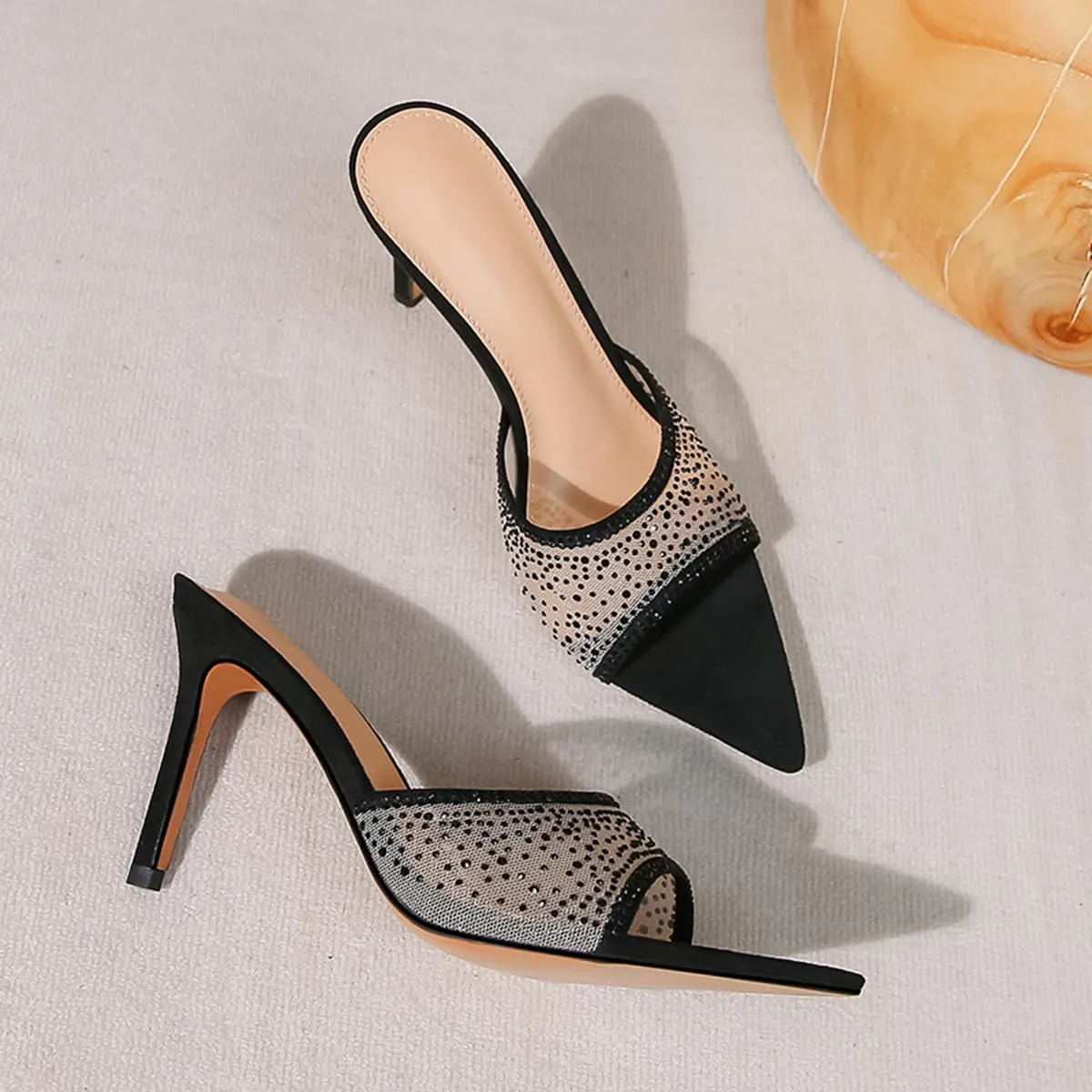 Ciuyurra Women Embellished Rhinestone Tulle Mules Pointed Peep Toe Sparkly Slip On Sandals