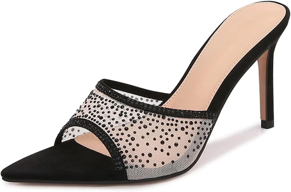 Ciuyurra Women Embellished Rhinestone Tulle Mules Pointed Peep Toe Sparkly Slip On Sandals