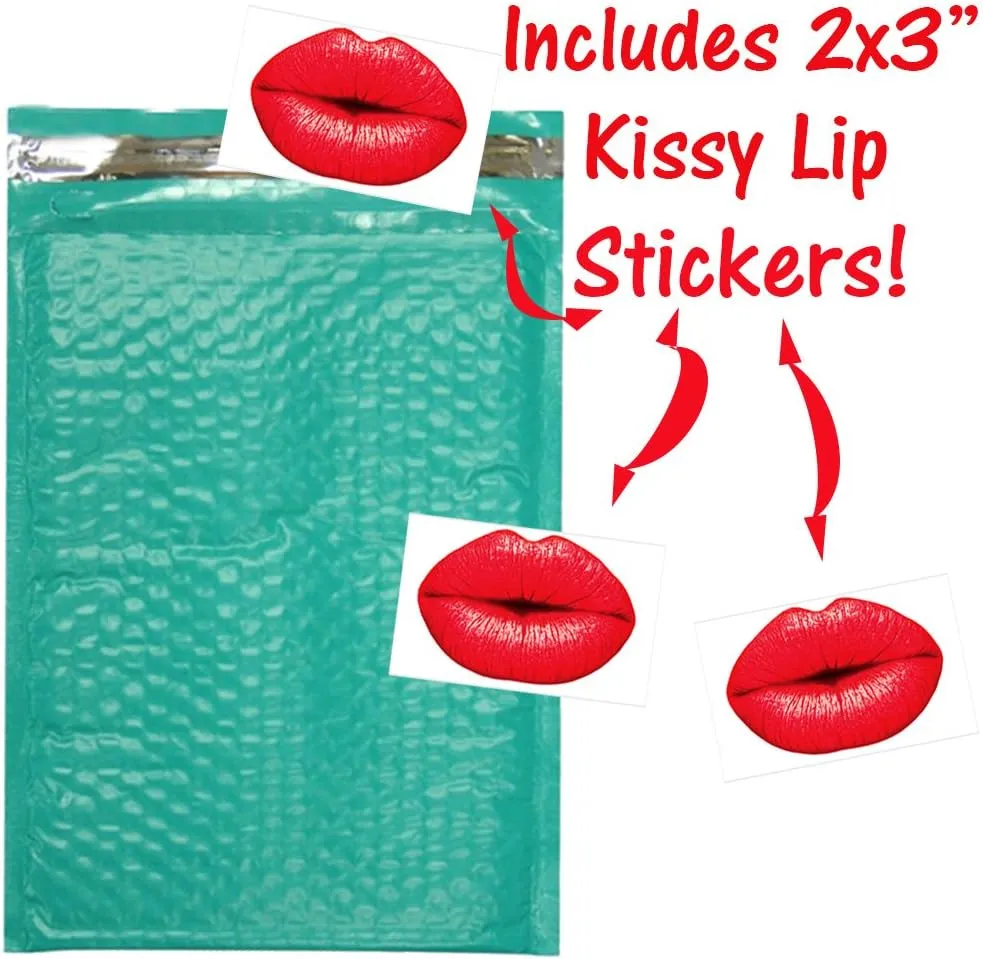 Colored Poly Bubble Mailers, Self Sealing Padded Mailing Envelopes, Mail Bags with Kissy Stickers Party Pack (Pink,Purple & Teal, 50)