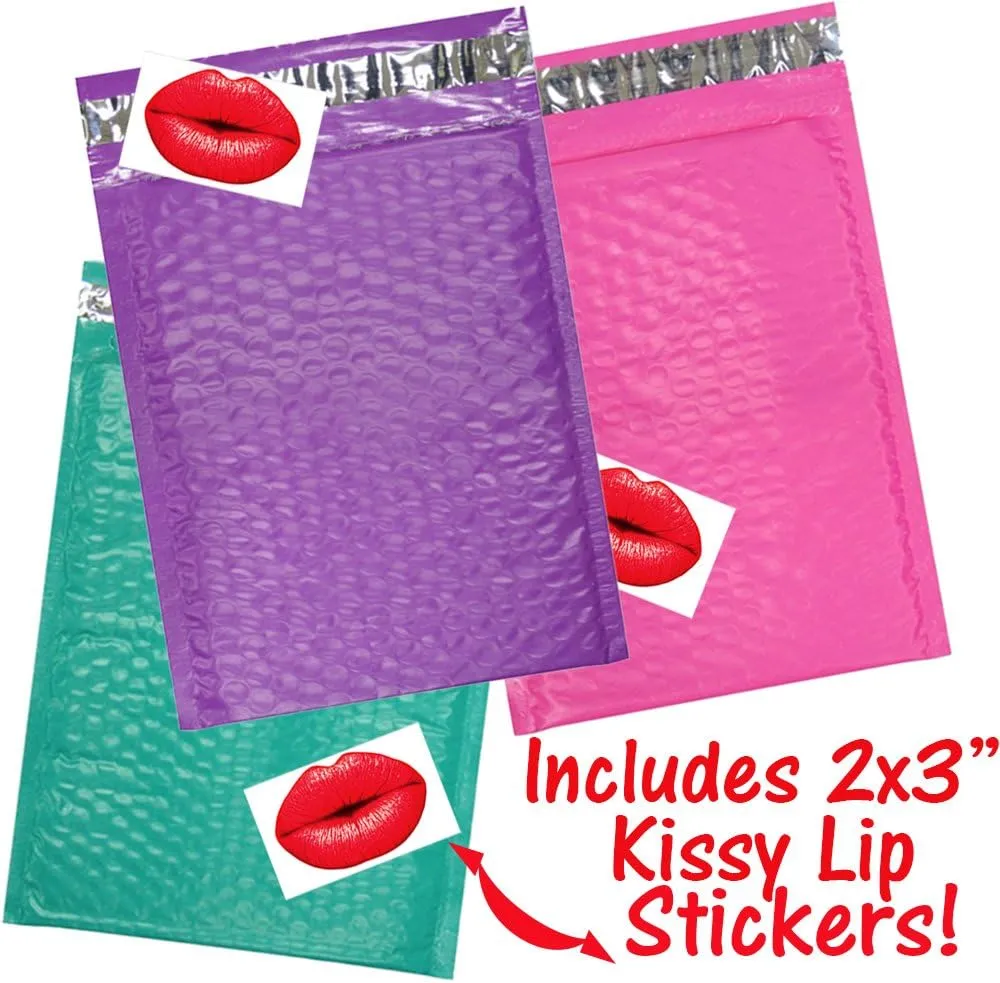 Colored Poly Bubble Mailers, Self Sealing Padded Mailing Envelopes, Mail Bags with Kissy Stickers Party Pack (Pink,Purple & Teal, 50)