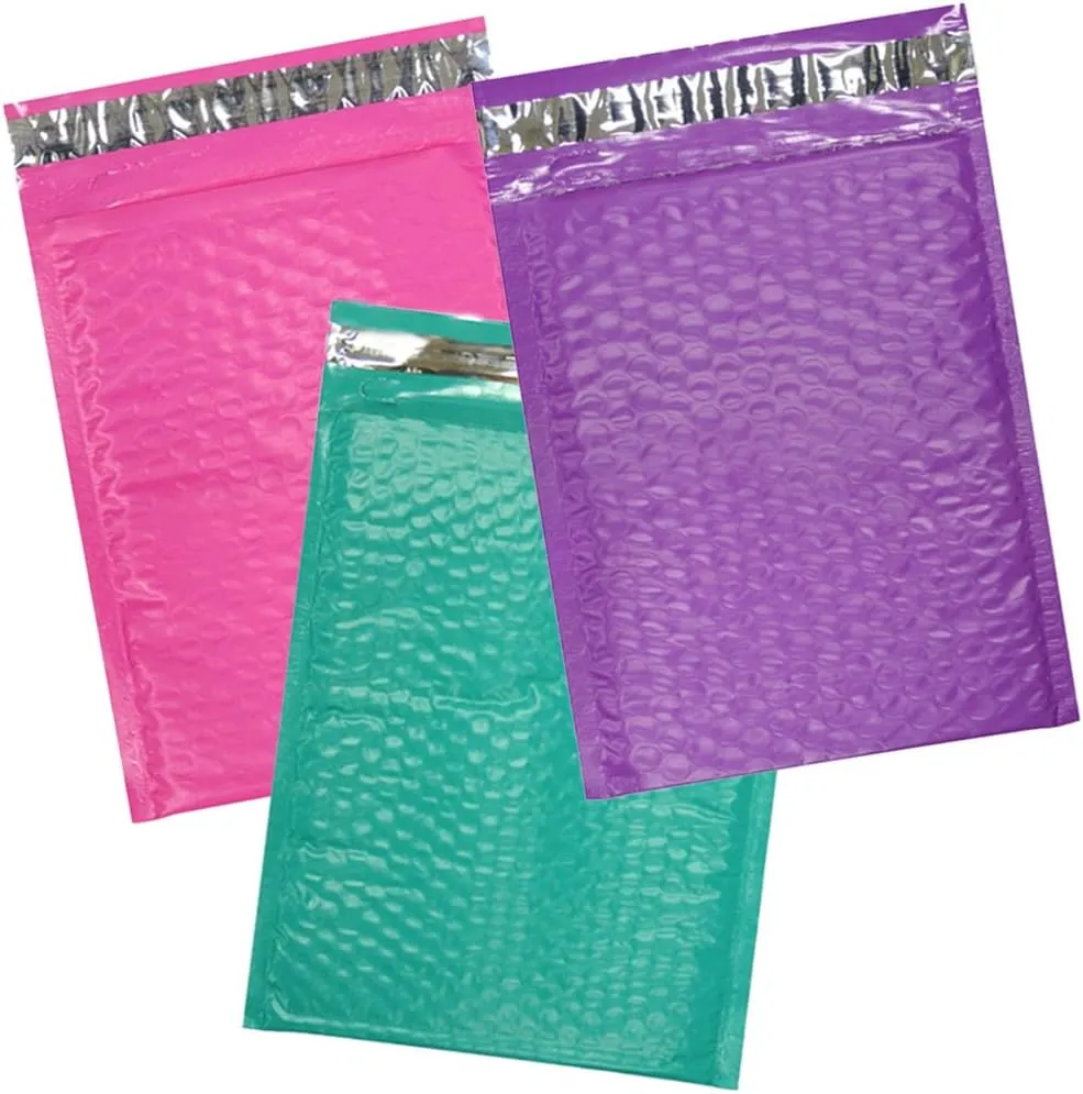 Colored Poly Bubble Mailers, Self Sealing Padded Mailing Envelopes, Mail Bags with Kissy Stickers Party Pack (Pink,Purple & Teal, 50)