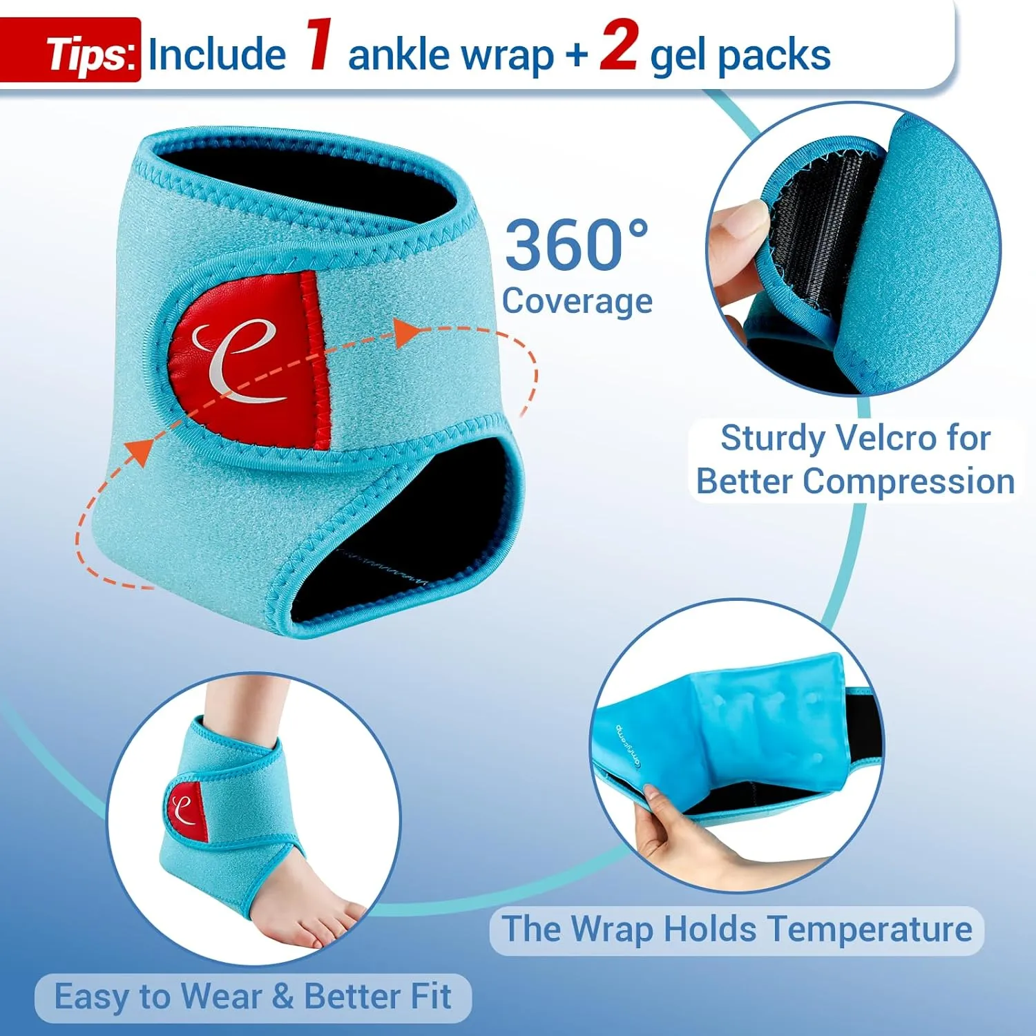 Comfytemp Ankle Ice Pack Wrap Brace for Swelling, Foot Pain Relief, 2 Gel Ice Packs for Injuries Reusable, FSA HSA Approved, Ice Bag Hot Cold Compression for Plantar Fasciitis, Men Women Surgery Gift
