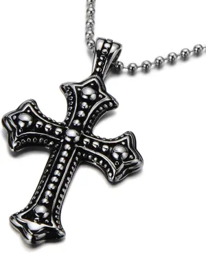 COOLSTEELANDBEYOND Gothic Vintage Cross Pendant Necklace Stainless Steel Unisex Silver Black Two-tone 23.6 in Ball Chain