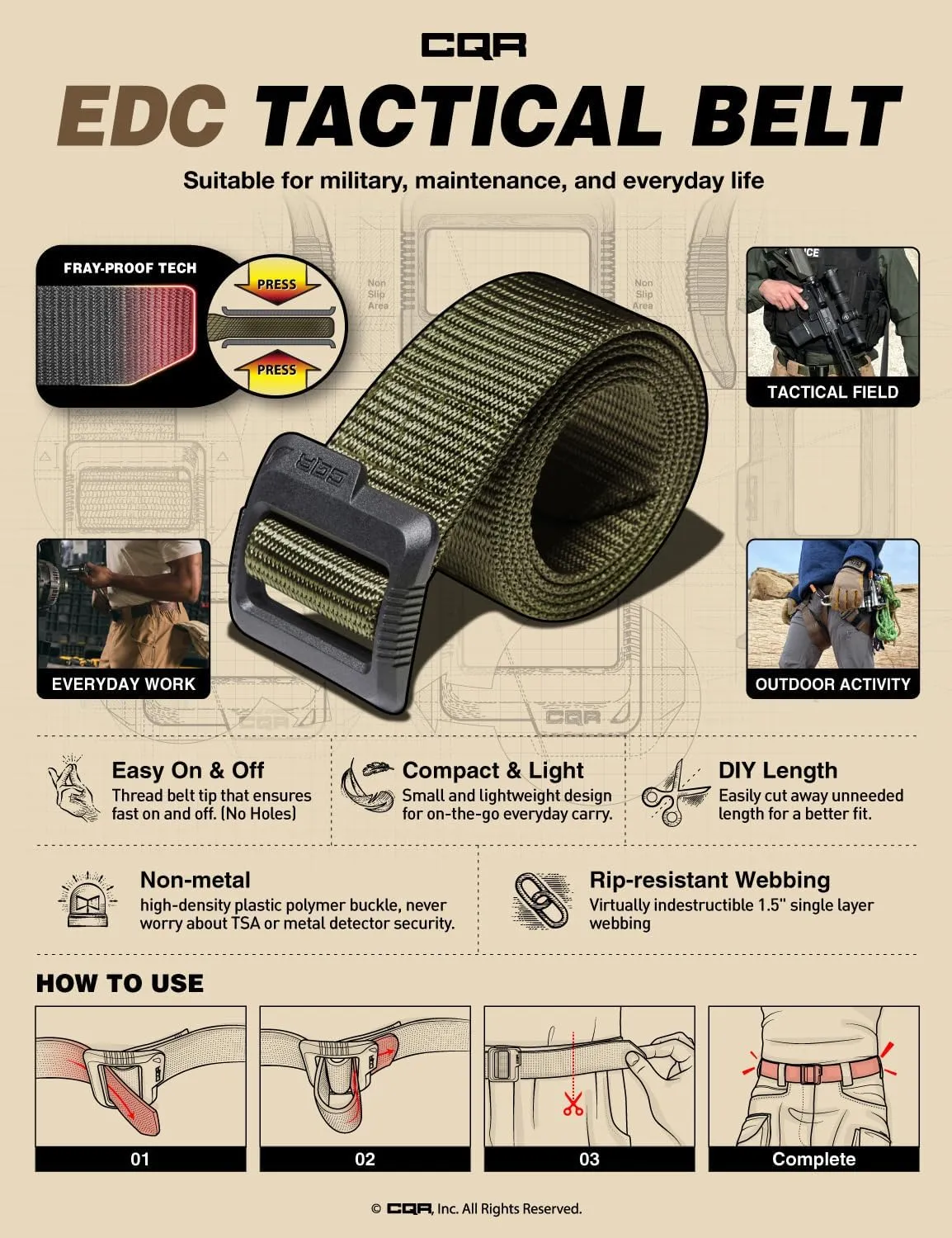 CQR Tactical Belt, Military Style Heavy Duty Belt, Webbing EDC Quick-Release Buckle