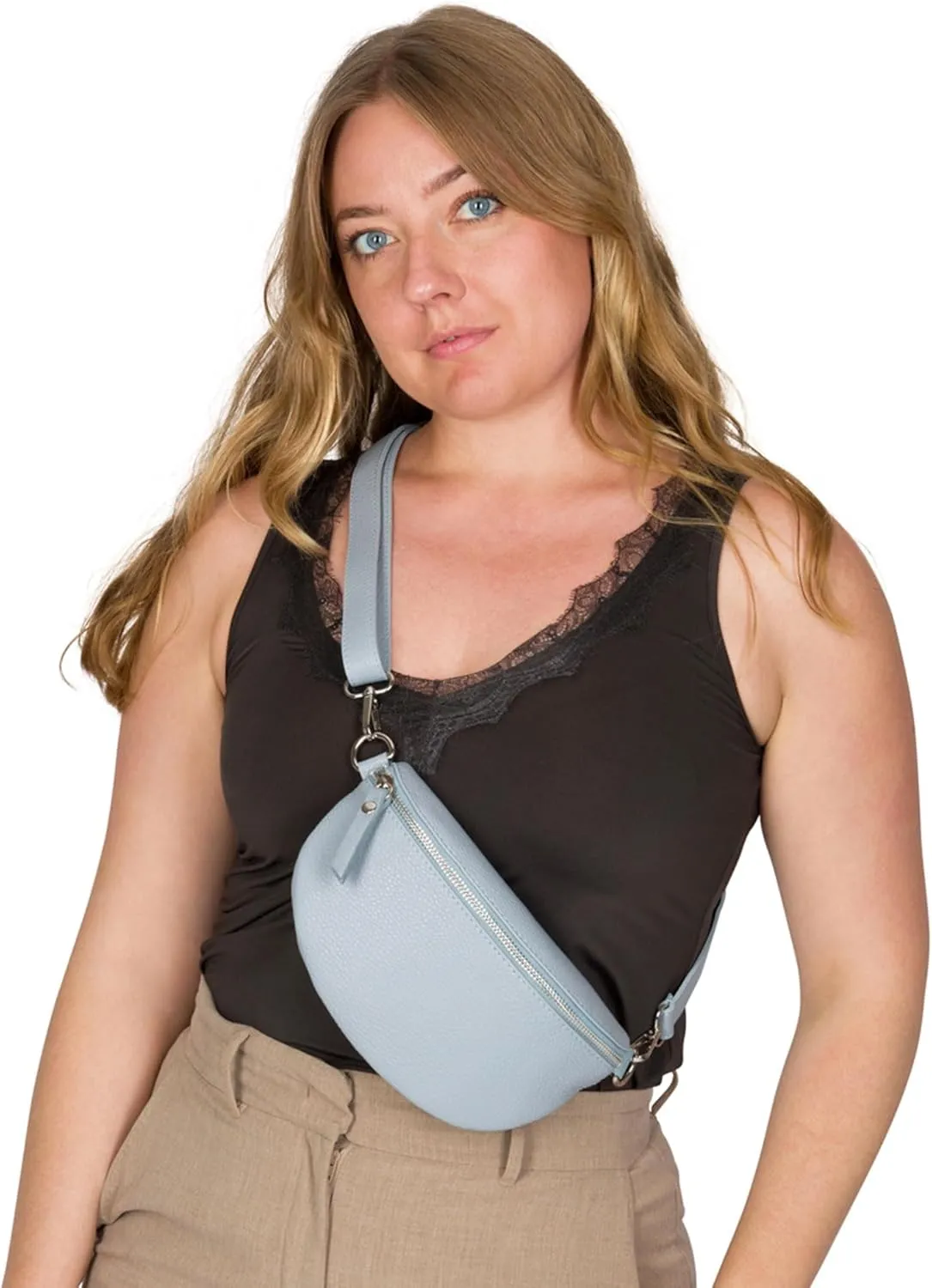 Crossbody Bag - Genuine Leather - Fanny Pack - Shoulder Sling Bag - Made in Italy, Sold in U.S. by Idalia (Icy Blue, Small)