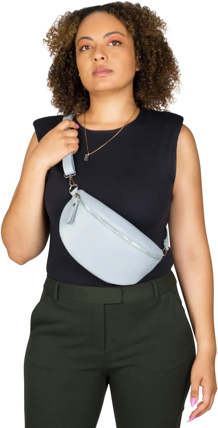 Crossbody Bag - Genuine Leather - Fanny Pack - Shoulder Sling Bag - Made in Italy, Sold in U.S. by Idalia (Icy Blue, Small)