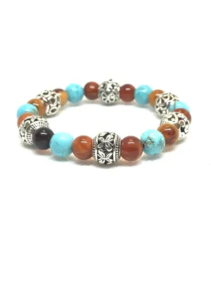 CrystalMagicbyDBH Turquoise Brighton Beaded Stretchy Bracelet with Authentic 6mm VIBRANT Authentic Carnelian