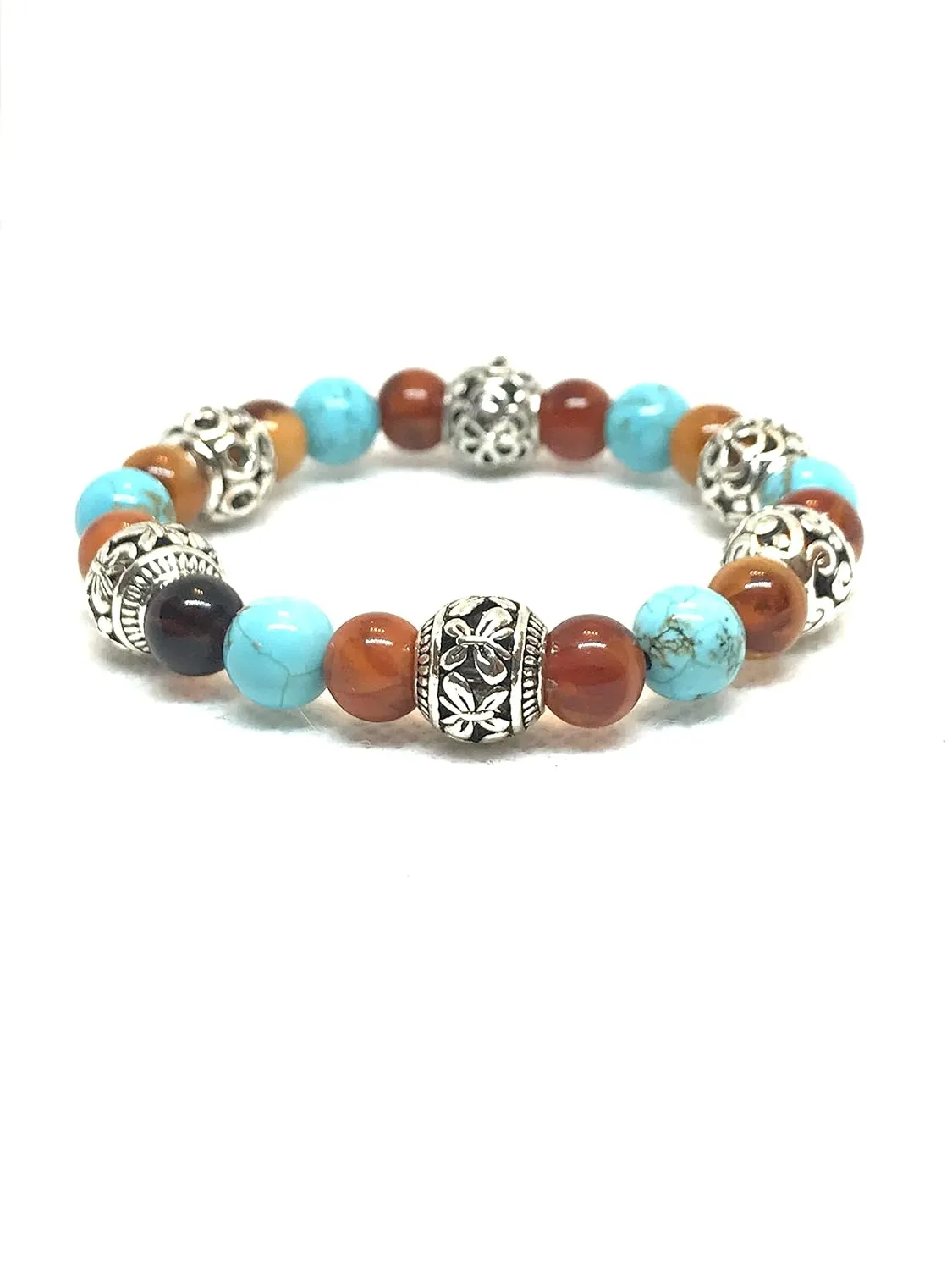 CrystalMagicbyDBH Turquoise Brighton Beaded Stretchy Bracelet with Authentic 6mm VIBRANT Authentic Carnelian