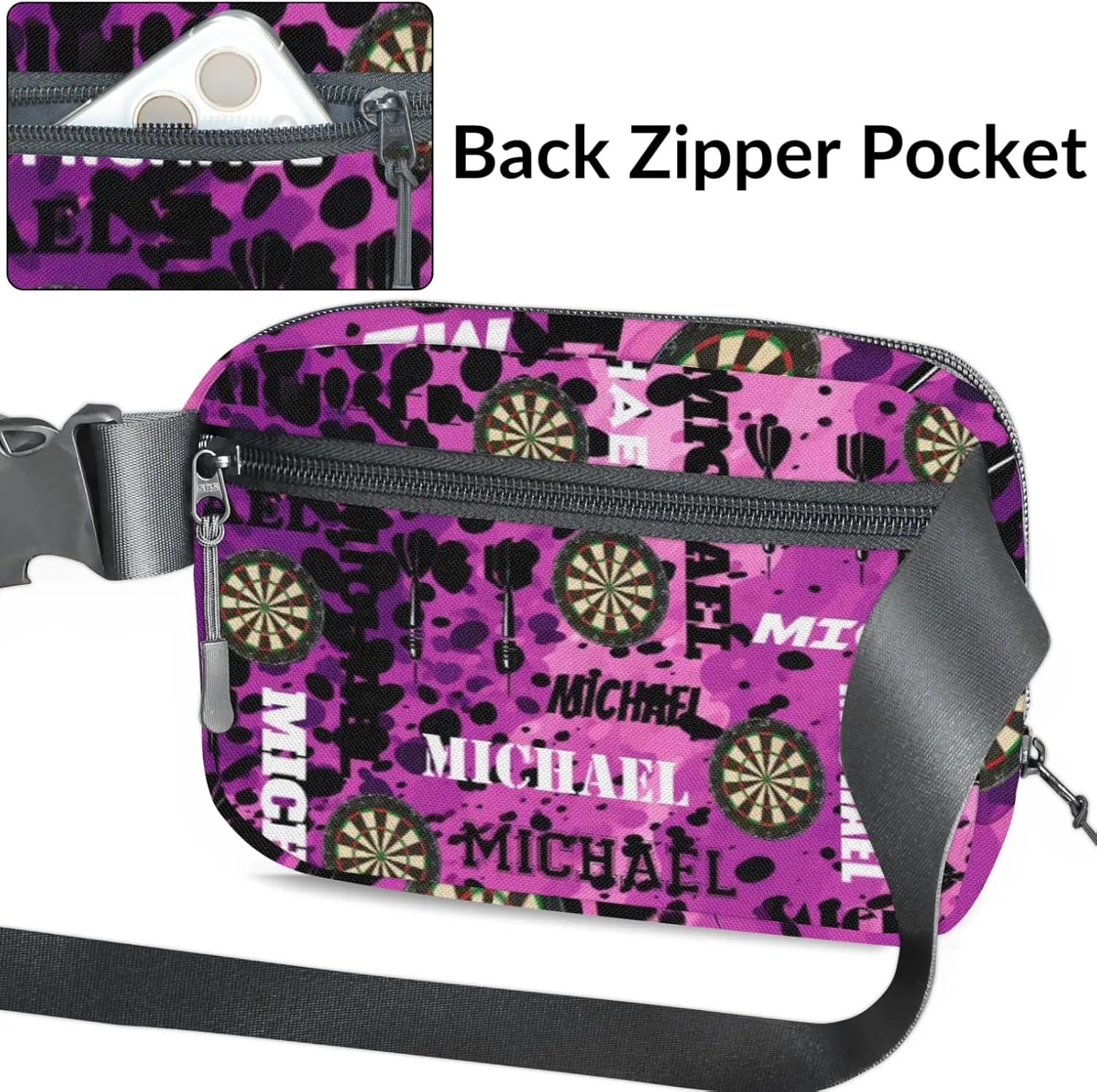 Custom Darts Fanny Pack for Women Men, Personalized Name Waist Packs Crossbody Belt Bag with Adjustable Strap for Sports Travel Workout Running Hiking, Black Purple