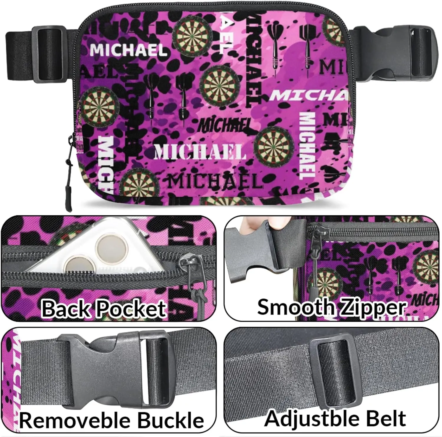 Custom Darts Fanny Pack for Women Men, Personalized Name Waist Packs Crossbody Belt Bag with Adjustable Strap for Sports Travel Workout Running Hiking, Black Purple