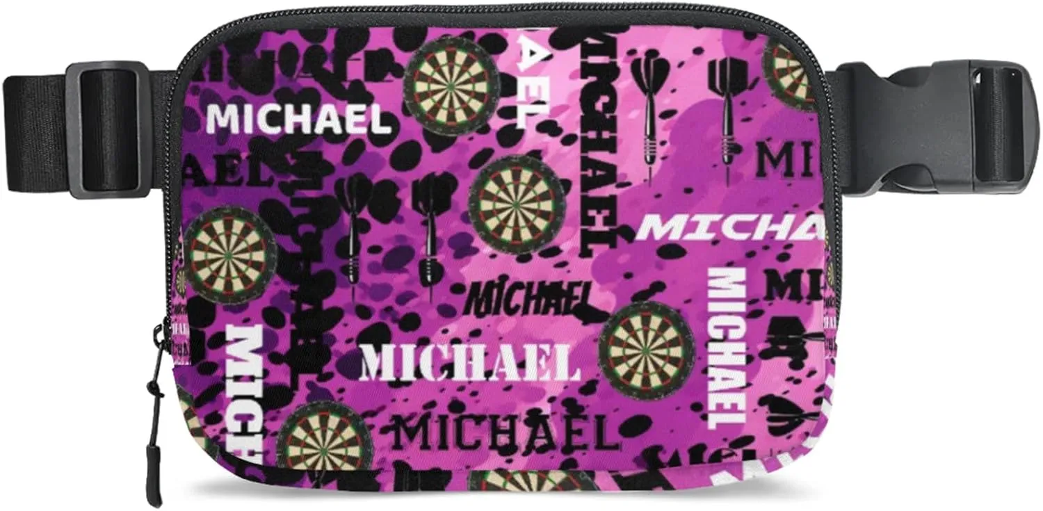 Custom Darts Fanny Pack for Women Men, Personalized Name Waist Packs Crossbody Belt Bag with Adjustable Strap for Sports Travel Workout Running Hiking, Black Purple