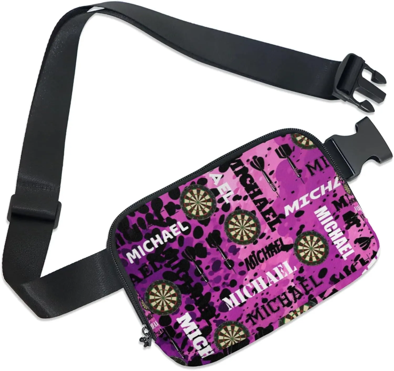 Custom Darts Fanny Pack for Women Men, Personalized Name Waist Packs Crossbody Belt Bag with Adjustable Strap for Sports Travel Workout Running Hiking, Black Purple