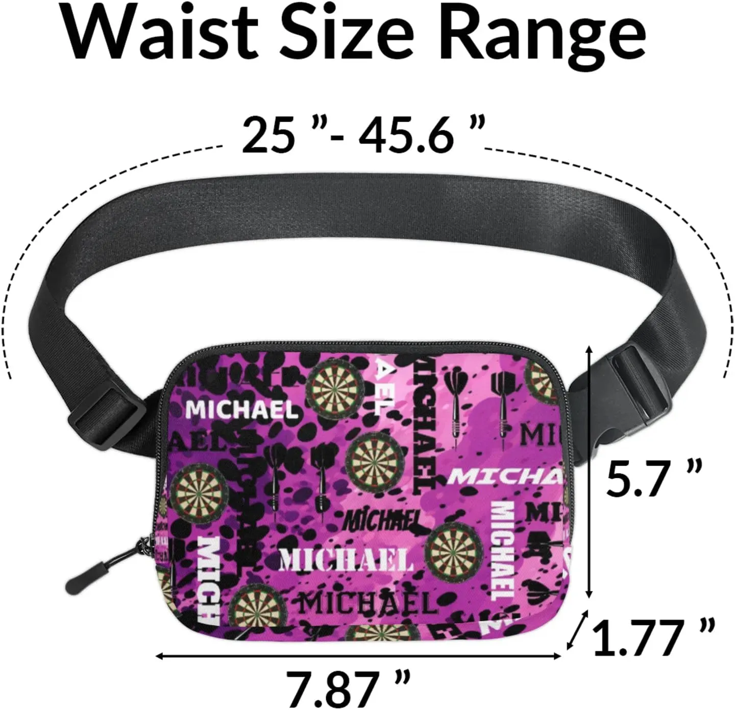 Custom Darts Fanny Pack for Women Men, Personalized Name Waist Packs Crossbody Belt Bag with Adjustable Strap for Sports Travel Workout Running Hiking, Black Purple