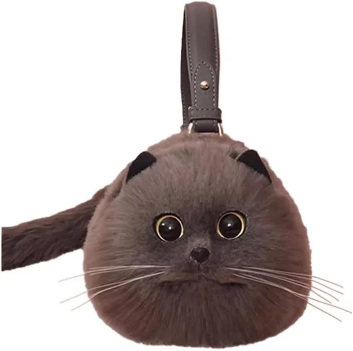 Cute Cat Crossbody Handbag Puffy Plush Cat Shaped Shoulder Bag for Women Girl Boy Kid