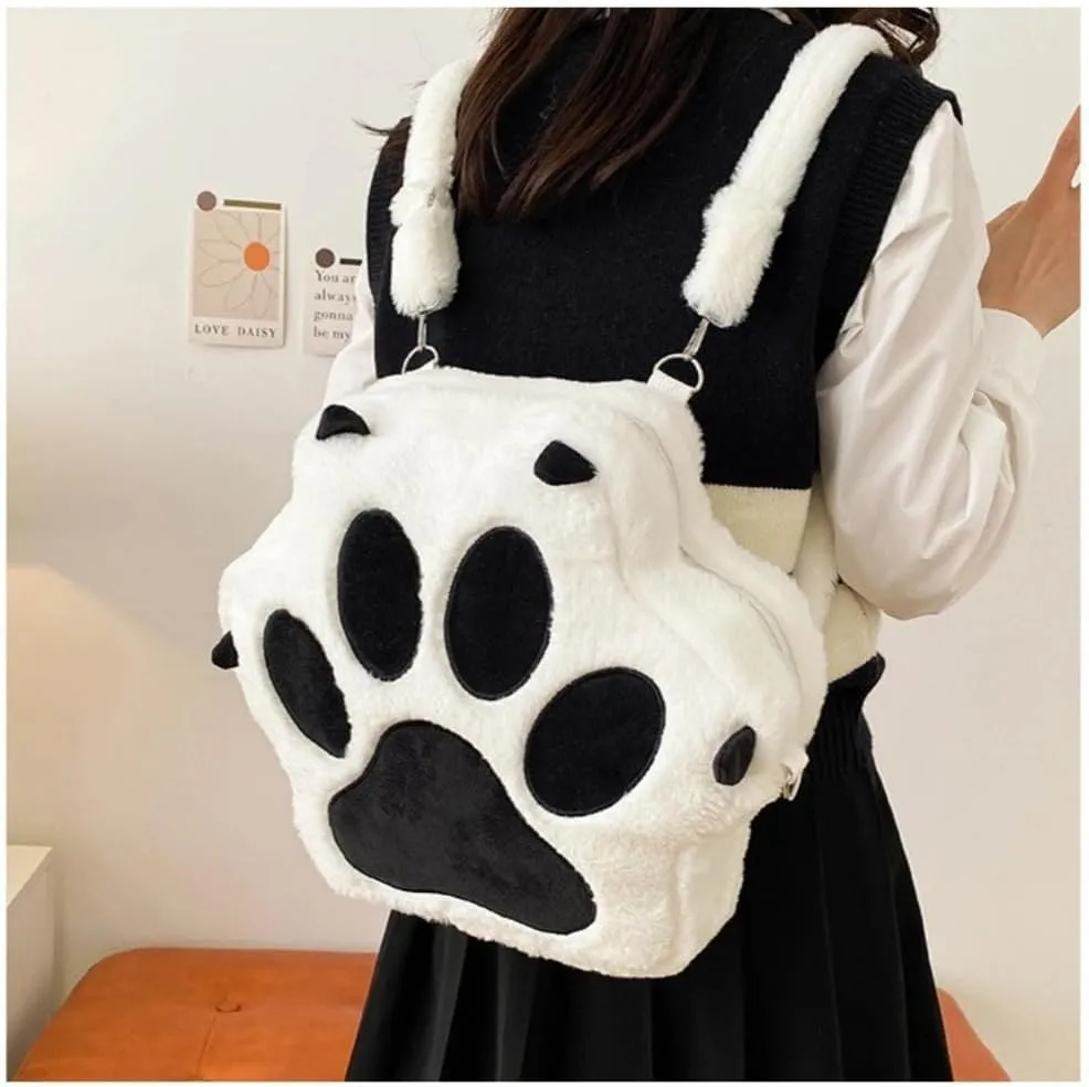 Cute Cat's Paw Kawaii Backpack Plush Single Shoulder Bag Large Capacity Crossbody Bag Purse and Handbag for Women (White)