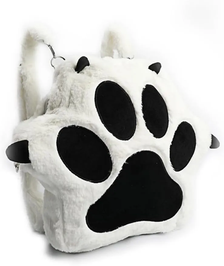Cute Cat's Paw Kawaii Backpack Plush Single Shoulder Bag Large Capacity Crossbody Bag Purse and Handbag for Women (White)