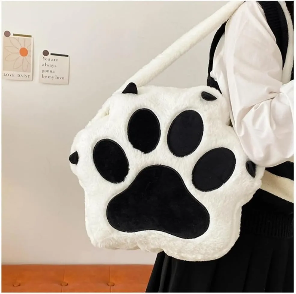 Cute Cat's Paw Kawaii Backpack Plush Single Shoulder Bag Large Capacity Crossbody Bag Purse and Handbag for Women (White)