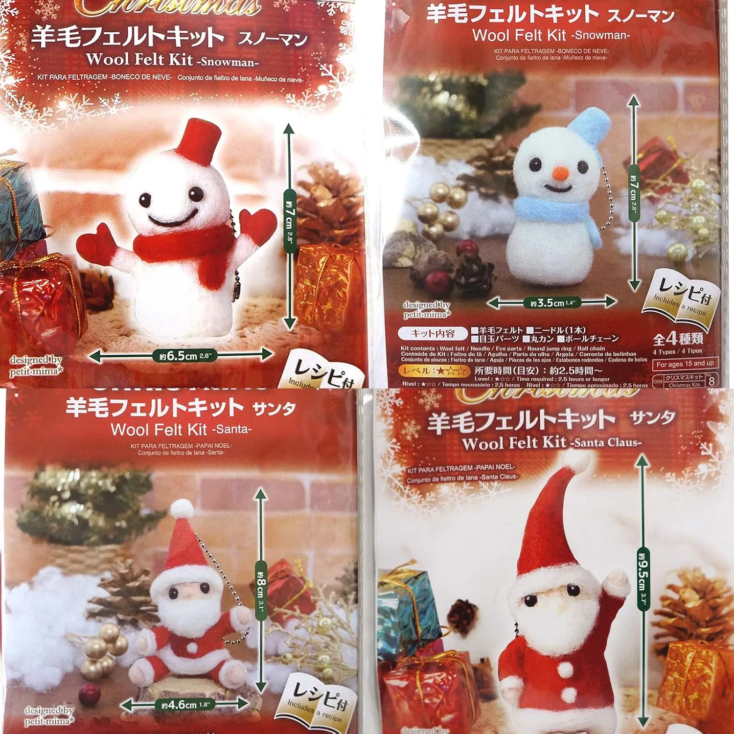 Daiso Japan Christmas Gift Set of 4 Wool Needle Felt DIY Animal Kits - Santa & Snowman