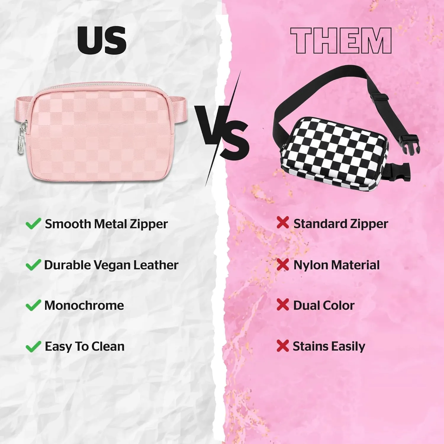 DANCOUR Checkered Belt Bag - Leather Crossbody Fanny Pack for Women - Light Pink