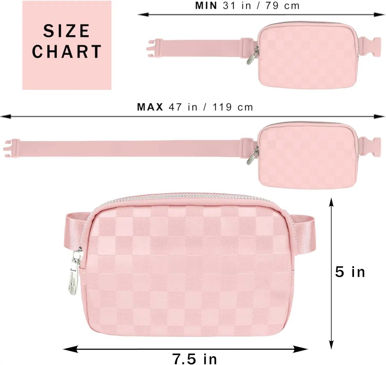 DANCOUR Checkered Belt Bag - Leather Crossbody Fanny Pack for Women - Light Pink
