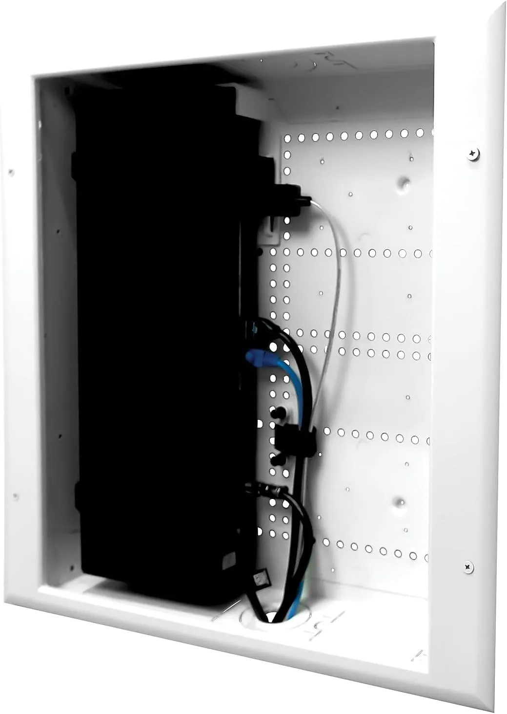 DataComm Electronics 45-8011-1P Multi-Functional Recessed Media Box with Integrated Duplex Power Receptacle For Seamless Home & Office Connectivity Solutions, In Wall Box, Hides TV Outlet & Cables