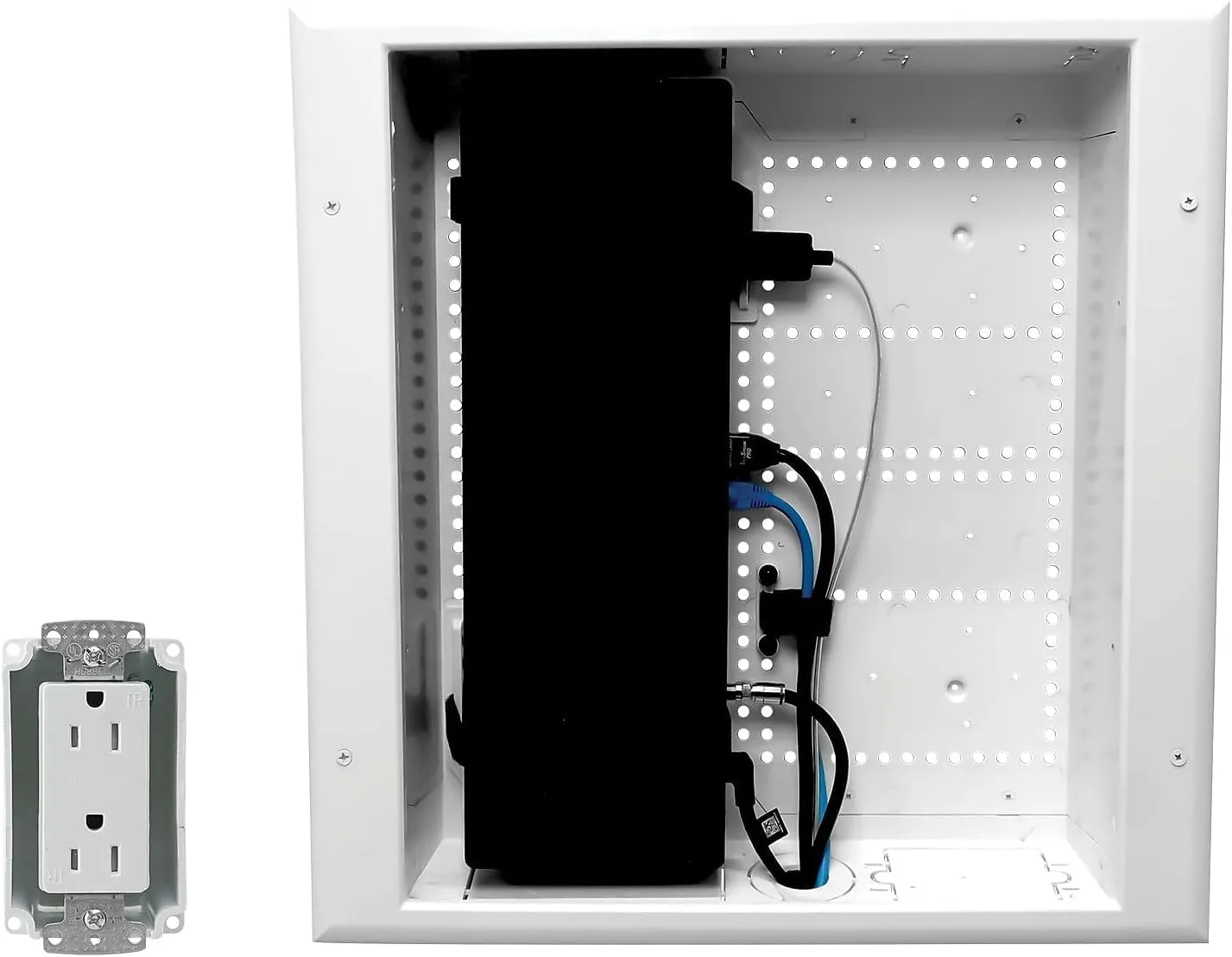 DataComm Electronics 45-8011-1P Multi-Functional Recessed Media Box with Integrated Duplex Power Receptacle For Seamless Home & Office Connectivity Solutions, In Wall Box, Hides TV Outlet & Cables