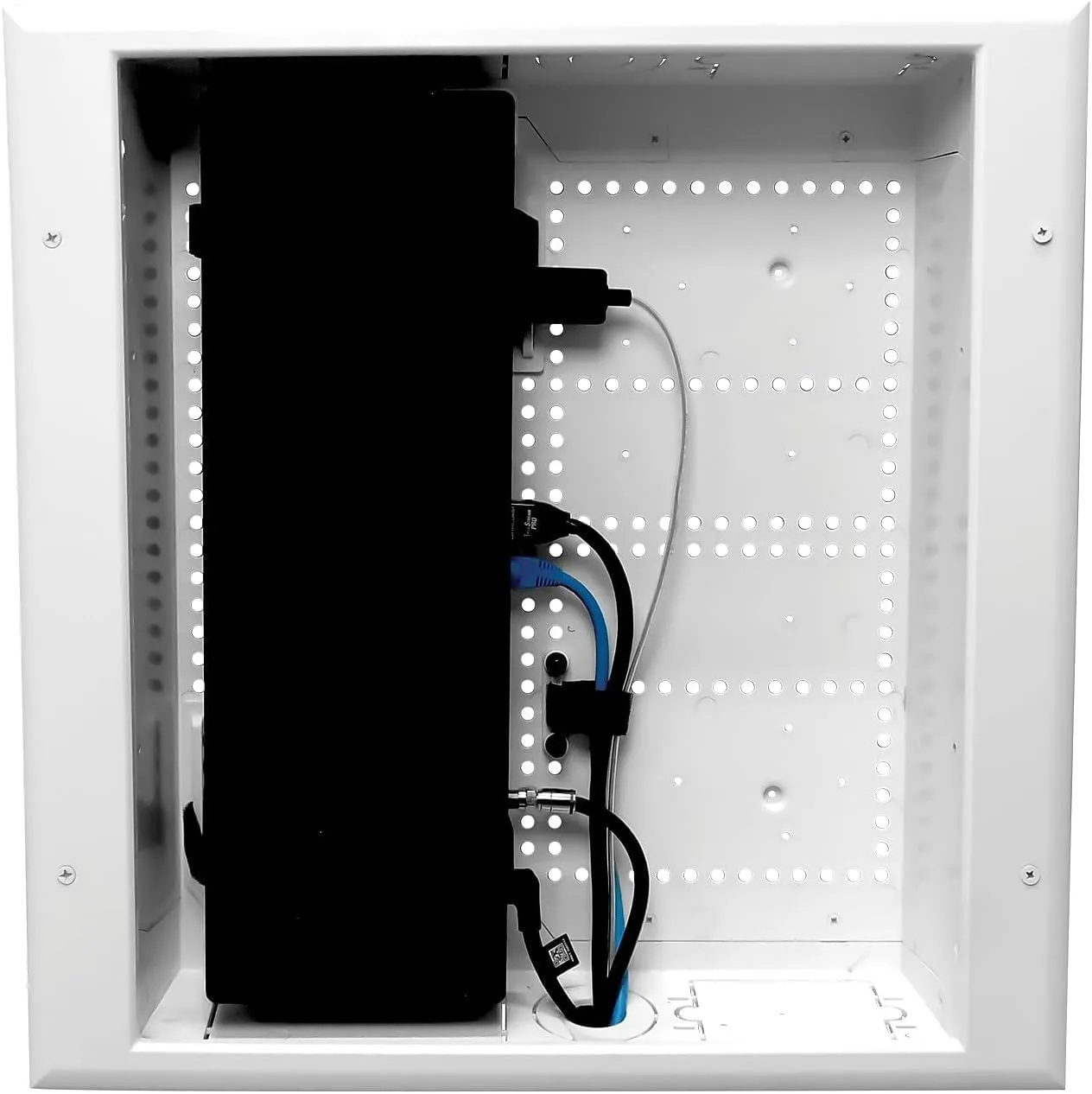 DataComm Electronics 45-8011-1P Multi-Functional Recessed Media Box with Integrated Duplex Power Receptacle For Seamless Home & Office Connectivity Solutions, In Wall Box, Hides TV Outlet & Cables
