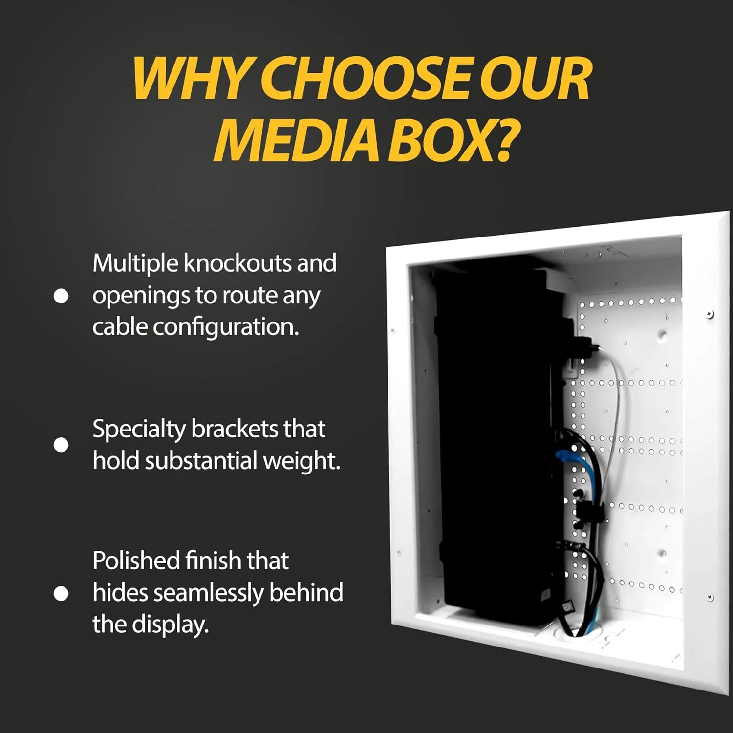 DataComm Electronics 45-8011-1P Multi-Functional Recessed Media Box with Integrated Duplex Power Receptacle For Seamless Home & Office Connectivity Solutions, In Wall Box, Hides TV Outlet & Cables