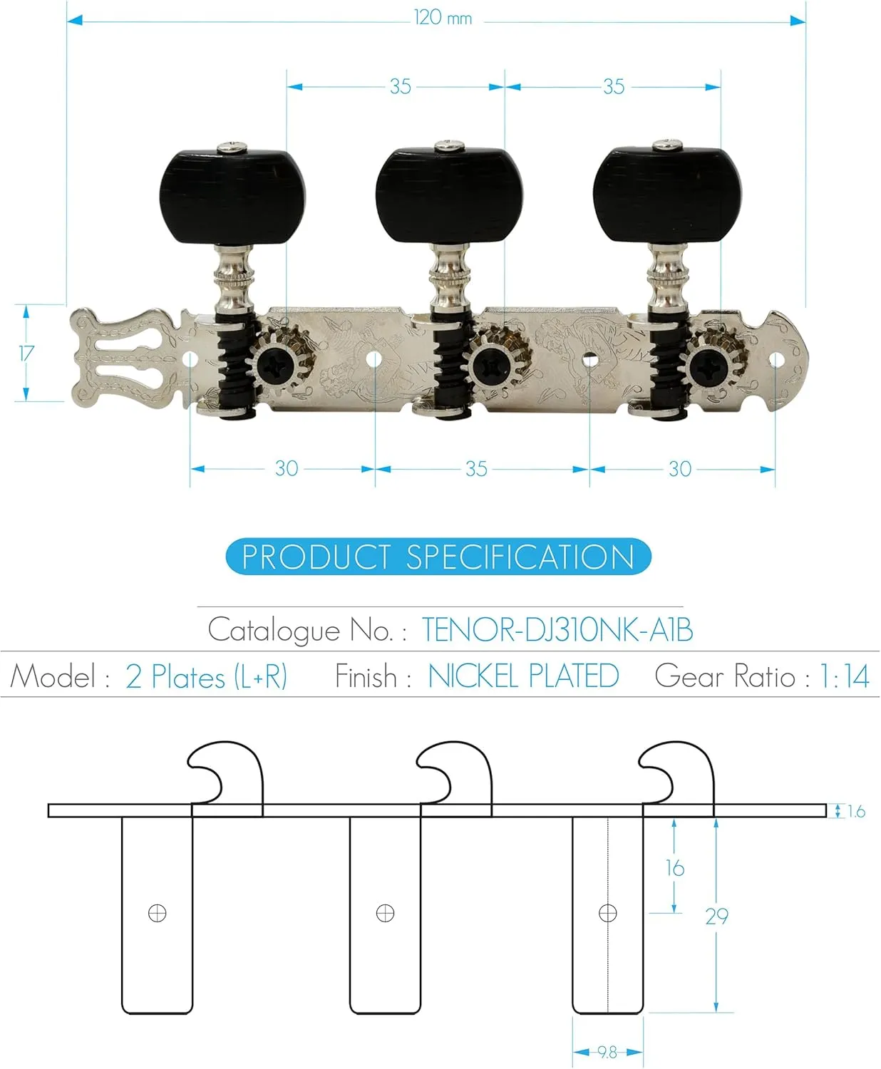 DJ310NK-A1B TENOR Classical Guitar Tuners, Tuning Key Pegs/Machine Heads for Classical or Flamenco Guitar with Nickel Finish and Ebony Colored Buttons.