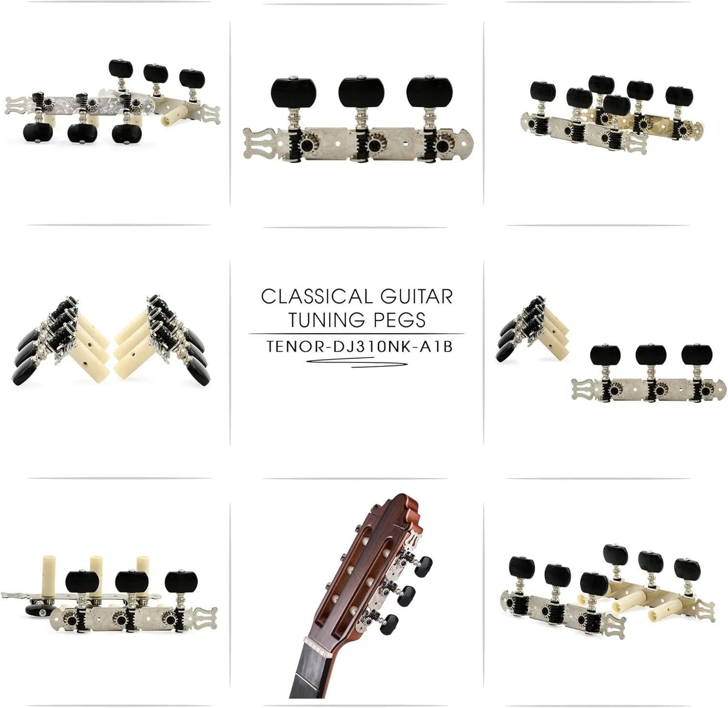 DJ310NK-A1B TENOR Classical Guitar Tuners, Tuning Key Pegs/Machine Heads for Classical or Flamenco Guitar with Nickel Finish and Ebony Colored Buttons.
