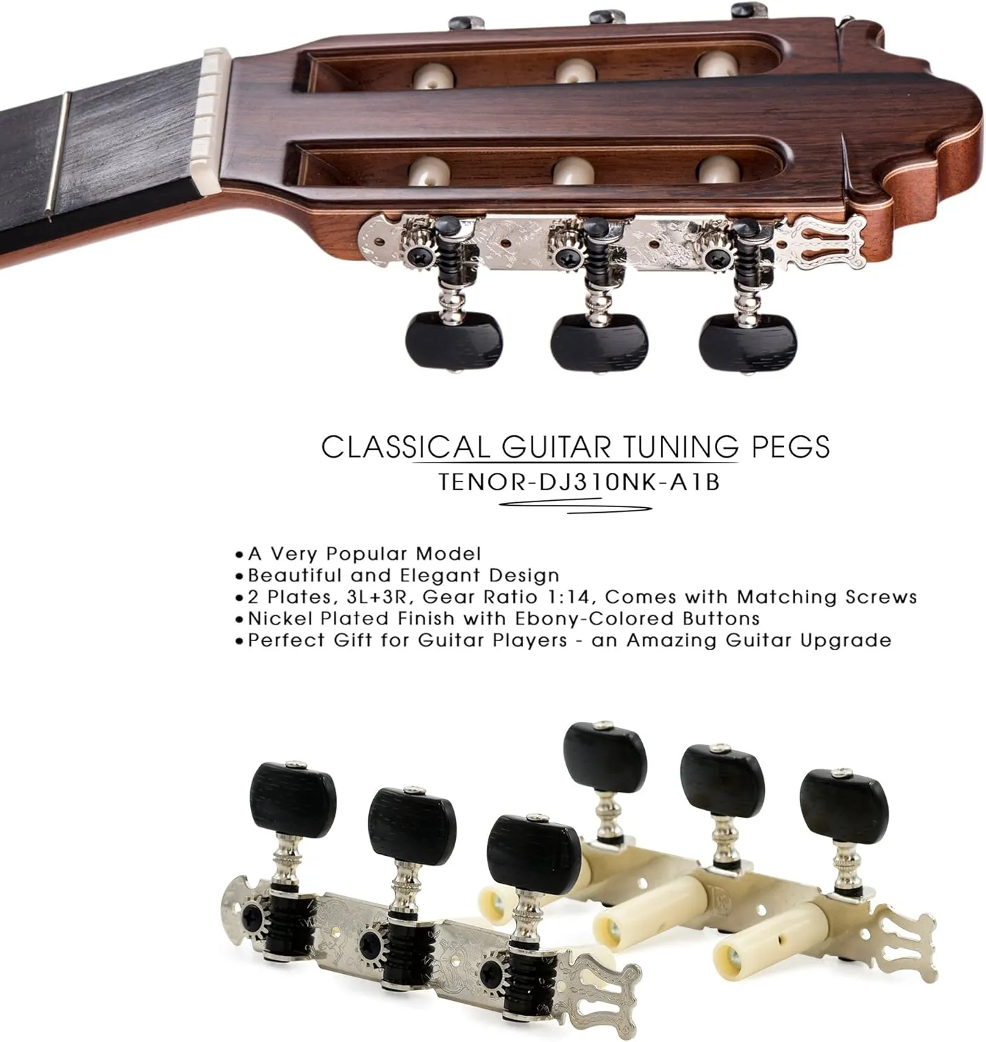 DJ310NK-A1B TENOR Classical Guitar Tuners, Tuning Key Pegs/Machine Heads for Classical or Flamenco Guitar with Nickel Finish and Ebony Colored Buttons.