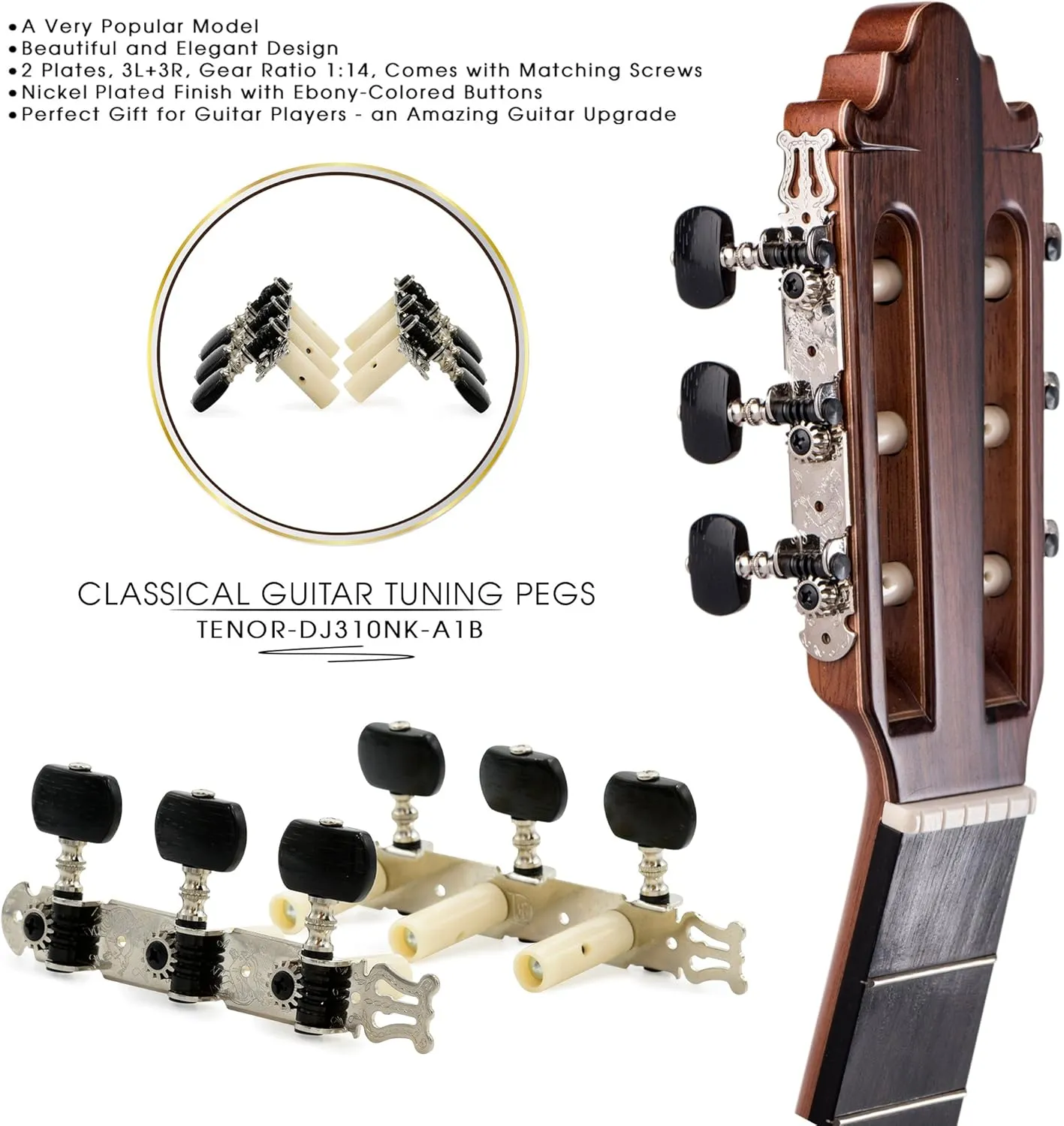 DJ310NK-A1B TENOR Classical Guitar Tuners, Tuning Key Pegs/Machine Heads for Classical or Flamenco Guitar with Nickel Finish and Ebony Colored Buttons.