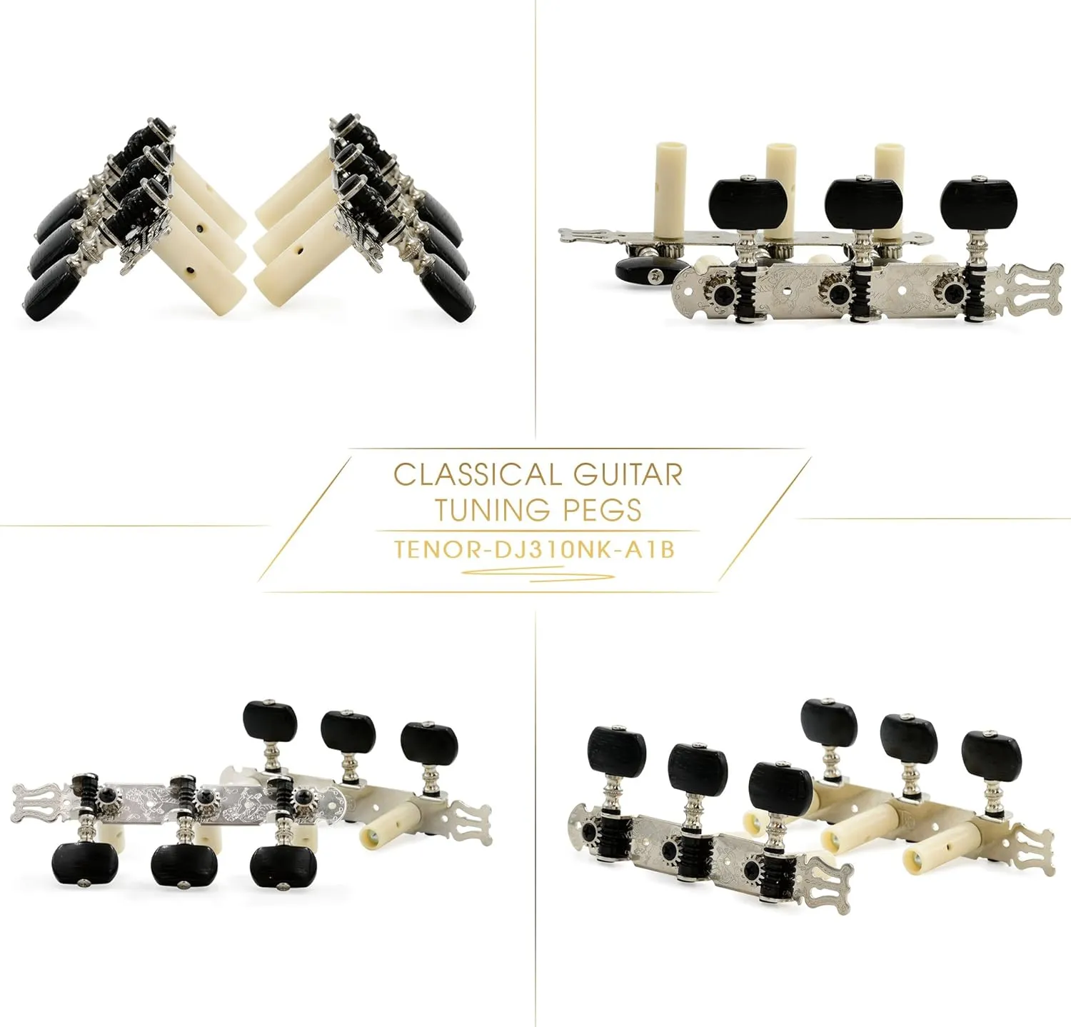 DJ310NK-A1B TENOR Classical Guitar Tuners, Tuning Key Pegs/Machine Heads for Classical or Flamenco Guitar with Nickel Finish and Ebony Colored Buttons.