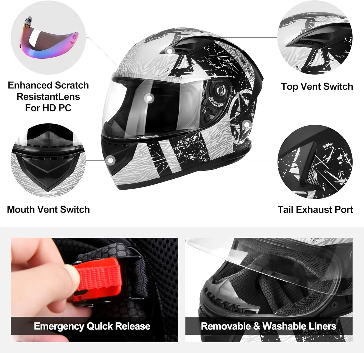 DOT Lightweight Full Face Motorcycle Street Bike Helmets with Extra Tinted Visor for Adults Men and Women, DOT Approved(Graphic,L)