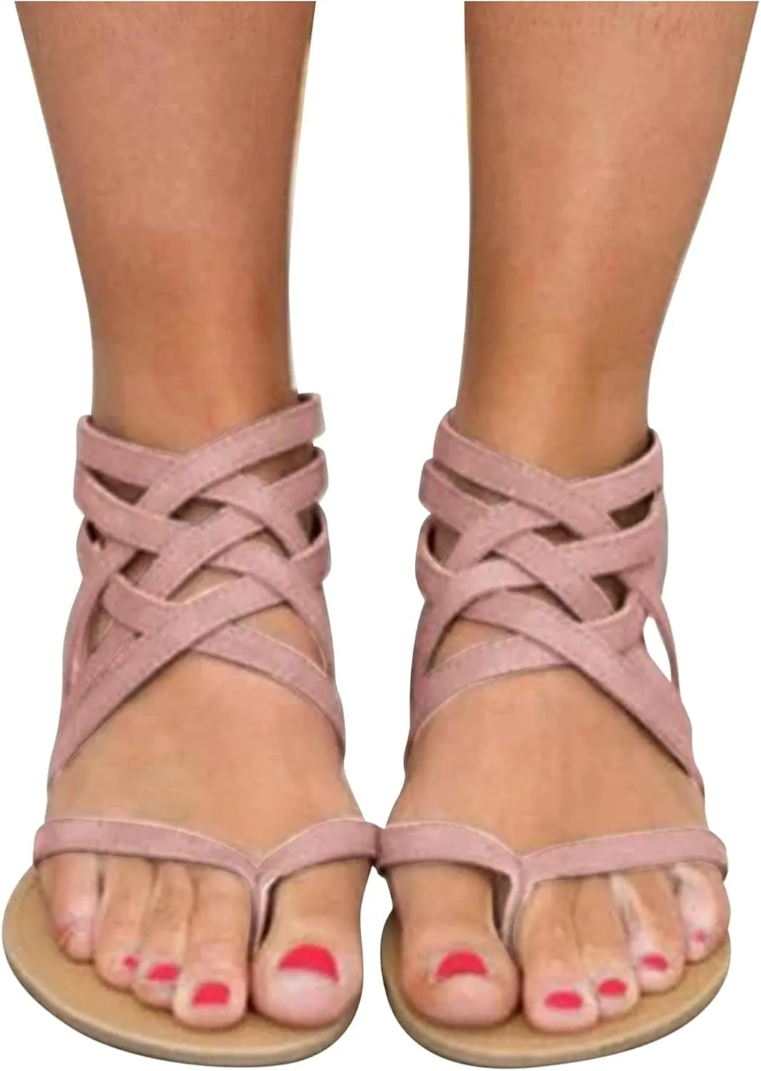Dressy Flat Sandals for Women Criss Cross Flip Flops Anti-Slip Gladiator Solid Color Beach Falt Flat Sandals Women
