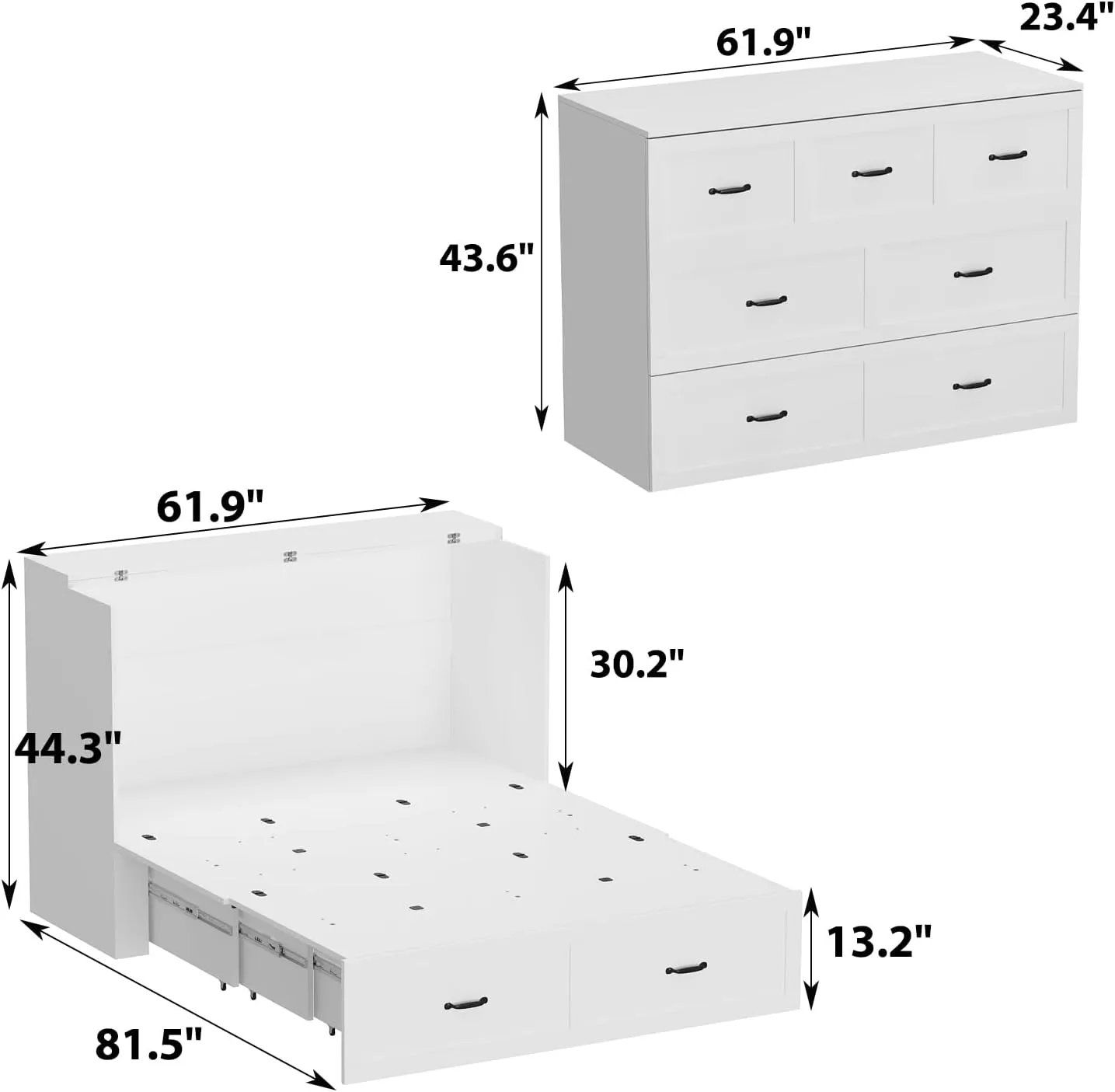 ECACAD Multi-Functional Murphy Cabinet Bed, Queen Size Bed Frame Murphy Bed Chest with Built-in Power Strip & Drawers, Queen Foldable Platform Bed, White