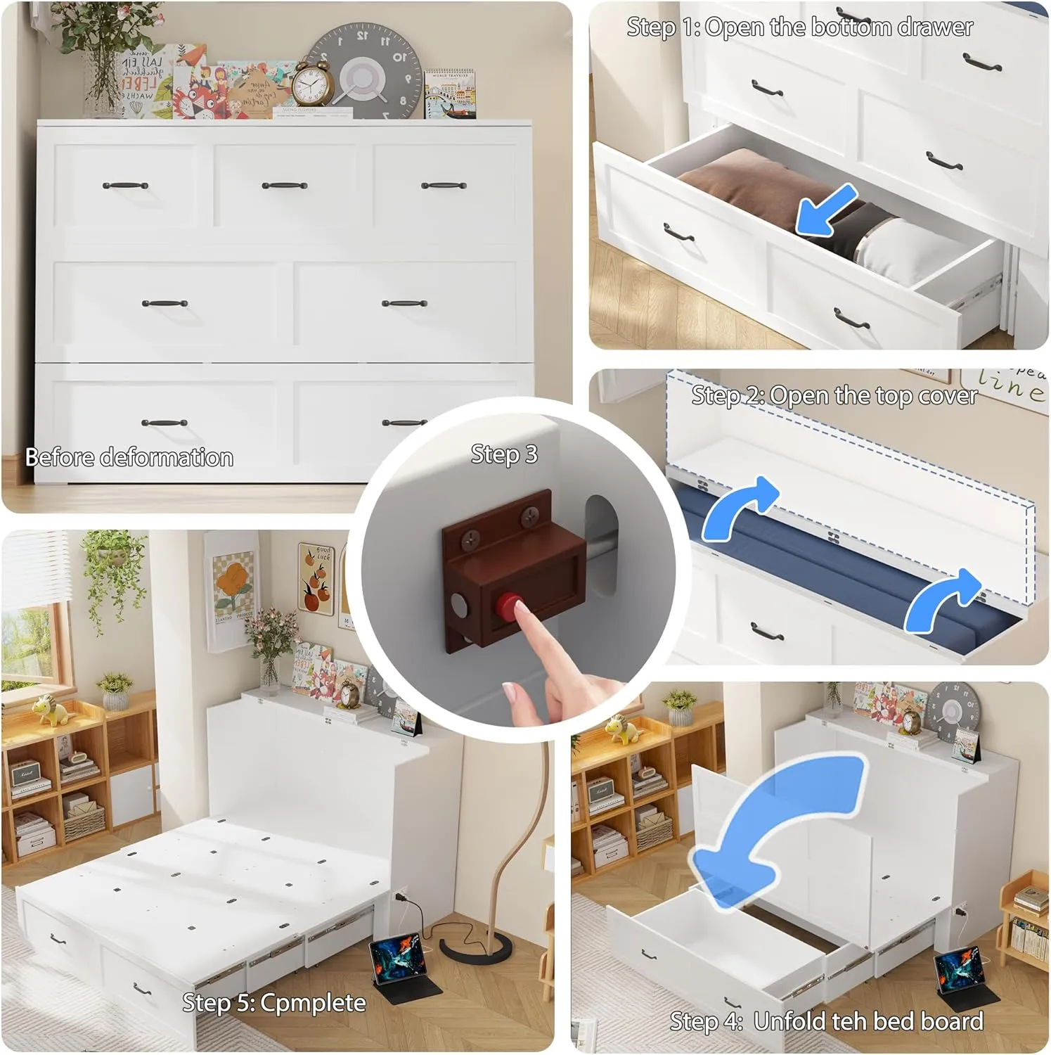 ECACAD Multi-Functional Murphy Cabinet Bed, Queen Size Bed Frame Murphy Bed Chest with Built-in Power Strip & Drawers, Queen Foldable Platform Bed, White